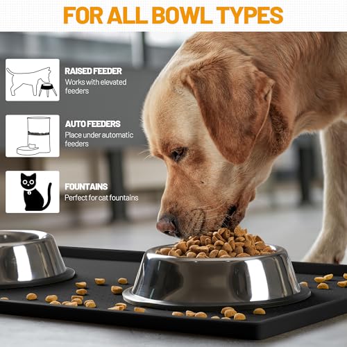 Hubulk Waterproof Dog Feeding Mat, 24x16 Inch Food-Grade Silicone Placemat with Raised Edge, Non-Slip, Dishwasher Safe, Black