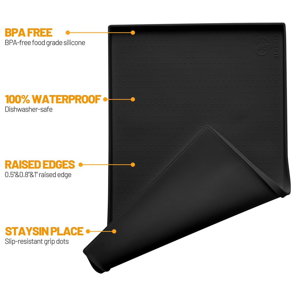 Hubulk Waterproof Dog Feeding Mat, 24x16 Inch Food-Grade Silicone Placemat with Raised Edge, Non-Slip, Dishwasher Safe, Black