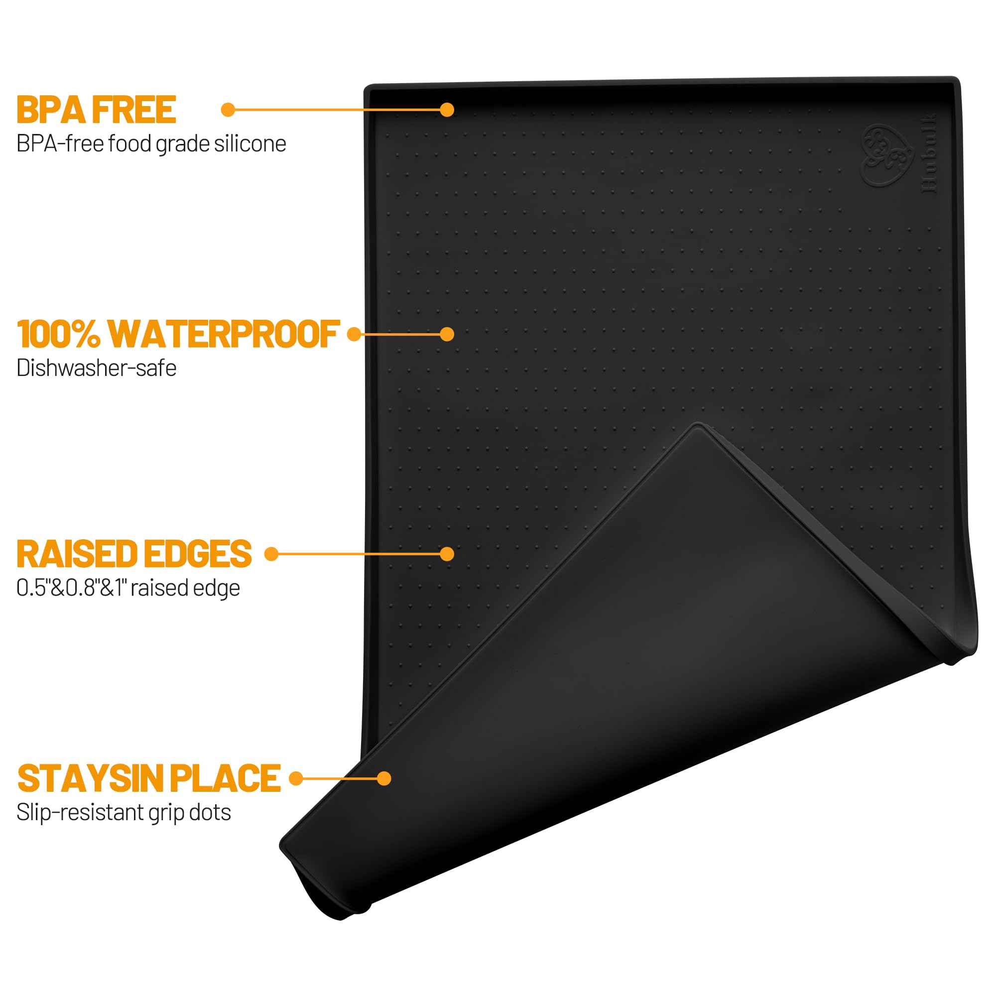 Hubulk Waterproof Dog Feeding Mat, 24x16 Inch Food-Grade Silicone Placemat with Raised Edge, Non-Slip, Dishwasher Safe, Black
