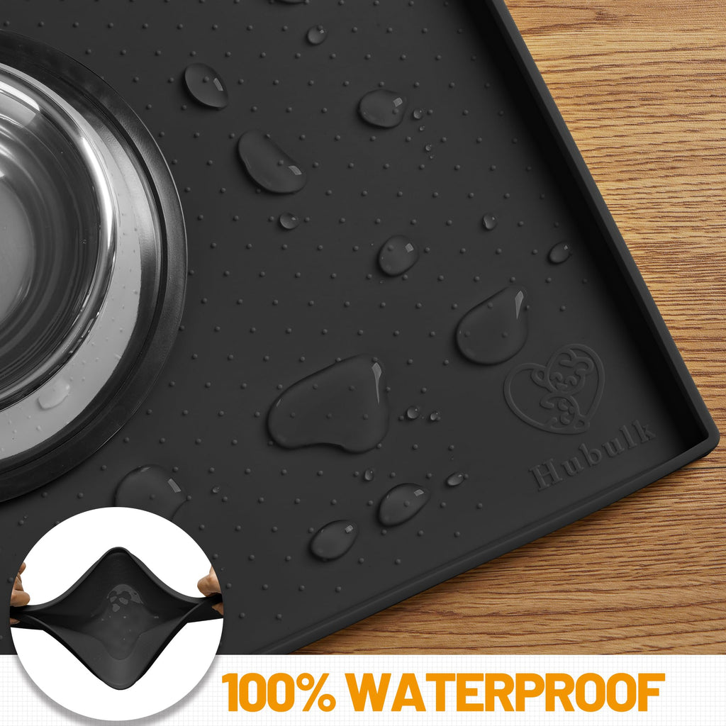 Hubulk Waterproof Dog Feeding Mat, 24x16 Inch Food-Grade Silicone Placemat with Raised Edge, Non-Slip, Dishwasher Safe, Black