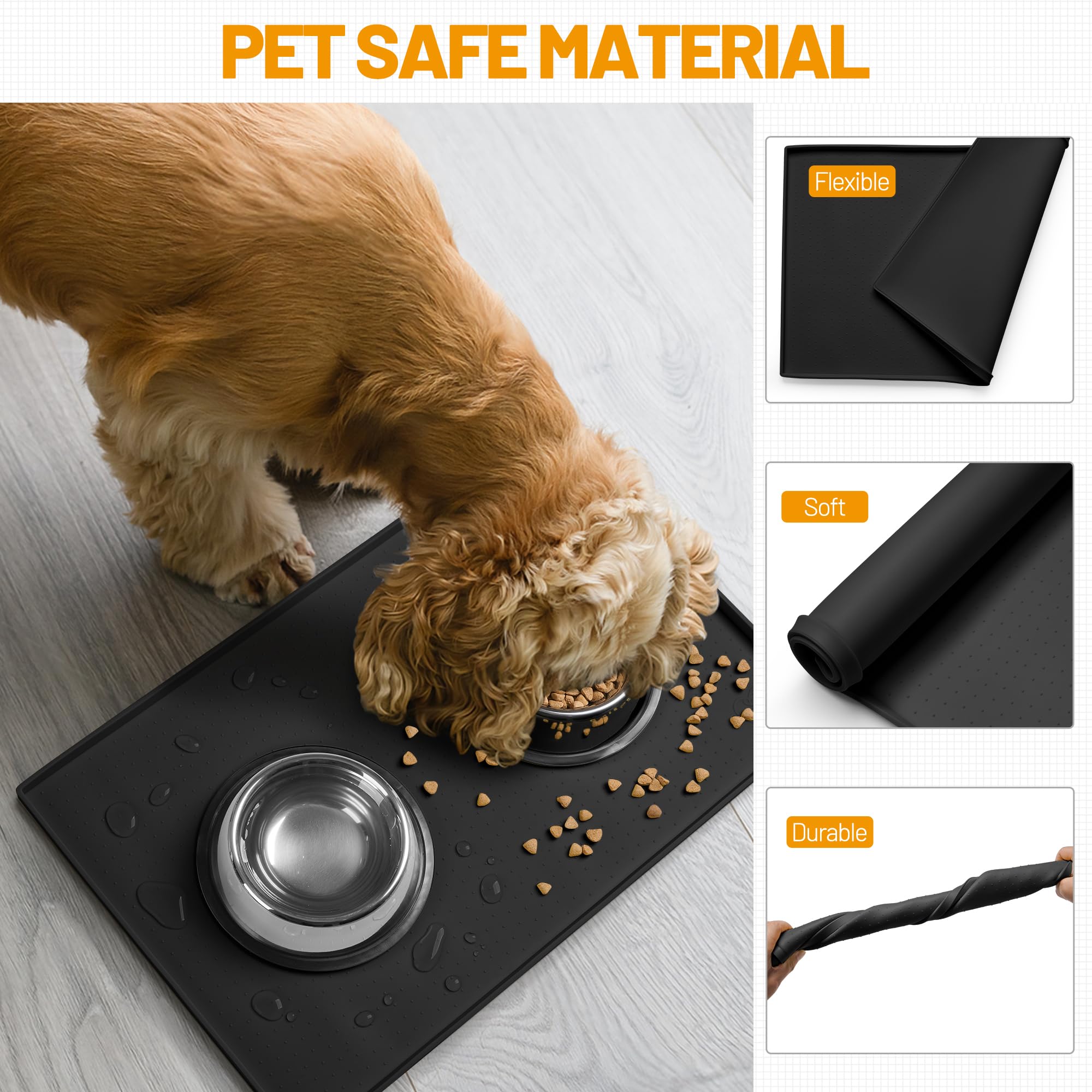 Hubulk Waterproof Dog Feeding Mat, 24x16 Inch Food-Grade Silicone Placemat with Raised Edge, Non-Slip, Dishwasher Safe, Black