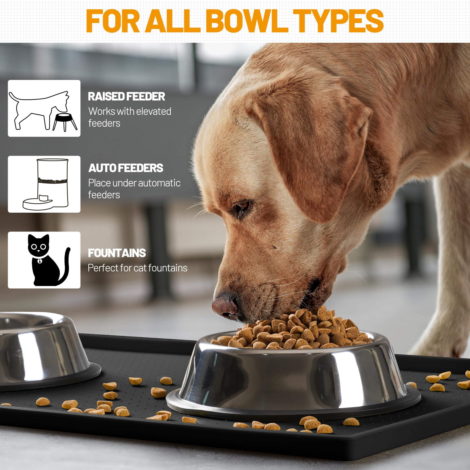 Hubulk Waterproof Dog Feeding Mat, 24x16 Inch Food-Grade Silicone Placemat with Raised Edge, Non-Slip, Dishwasher Safe, Black