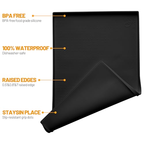 Hubulk Waterproof Dog Feeding Mat, 24x16 Inch Food-Grade Silicone Placemat with Raised Edge, Non-Slip, Dishwasher Safe, Black