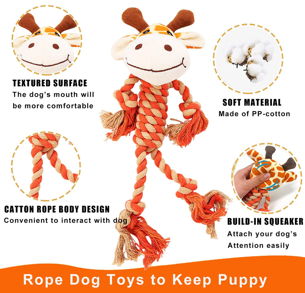 HUGEME Rope Dog Toy with Squeaker – Tug of War and Plush Chew Toy for Small, Medium, Large Dogs