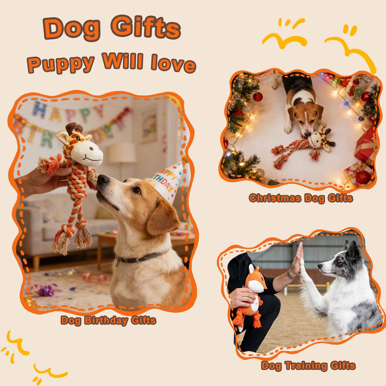 HUGEME Rope Dog Toy with Squeaker – Tug of War and Plush Chew Toy for Small, Medium, Large Dogs