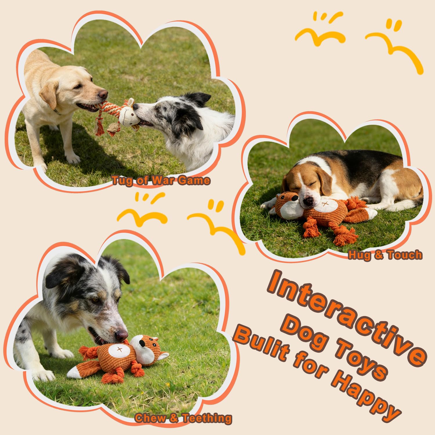 HUGEME Rope Dog Toy with Squeaker – Tug of War and Plush Chew Toy for Small, Medium, Large Dogs