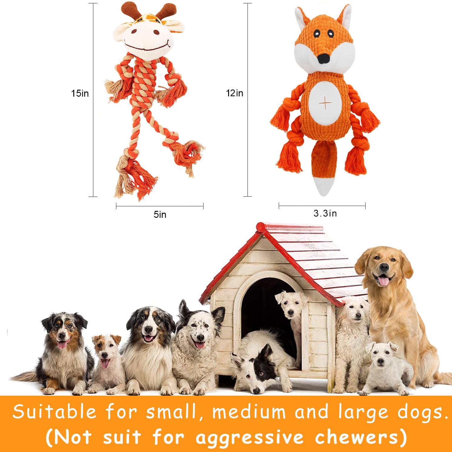 HUGEME Rope Dog Toy with Squeaker – Tug of War and Plush Chew Toy for Small, Medium, Large Dogs