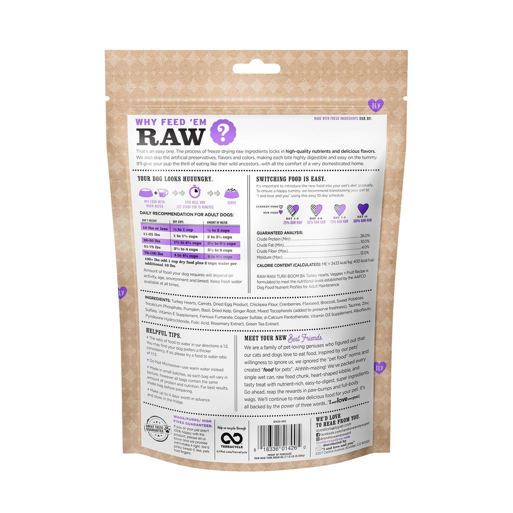 I AND LOVE AND YOU Stir and Boom Dehydrated Freeze Dried Raw Dog Food Turkey 1lb – Grain-Free with Turkey Hearts
