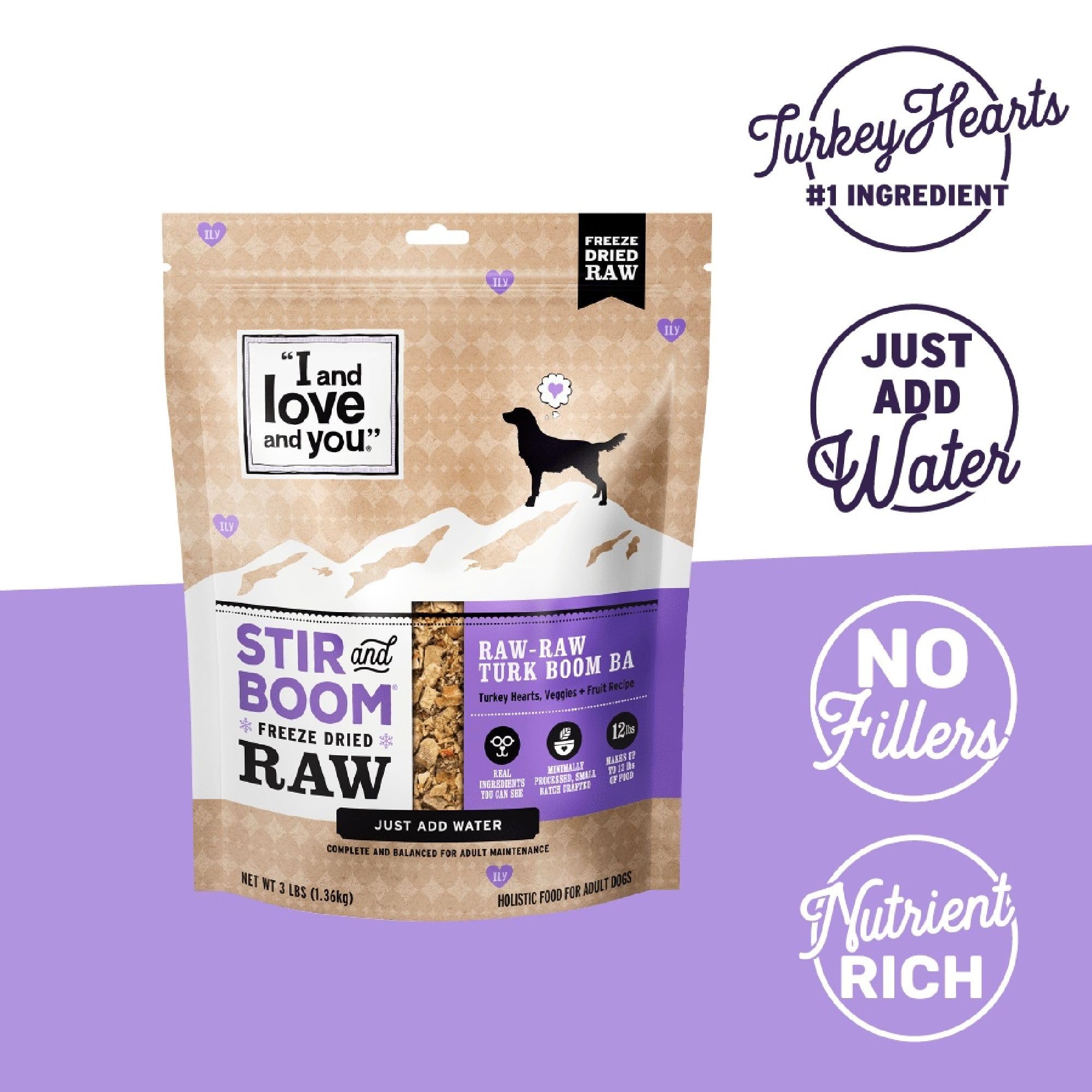 I AND LOVE AND YOU Stir and Boom Dehydrated Freeze Dried Raw Dog Food Turkey 1lb – Grain-Free with Turkey Hearts