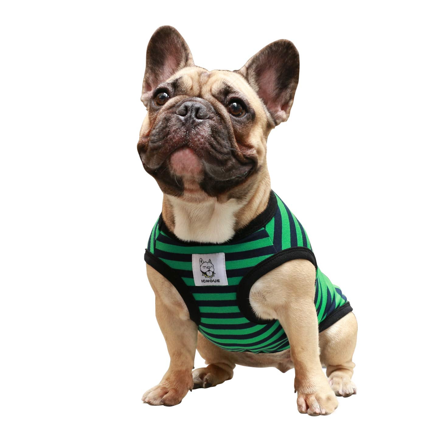 iChoue Striped Cotton Dog T-Shirt for Barrel Chest Breeds - XLarge Green Black Stripes