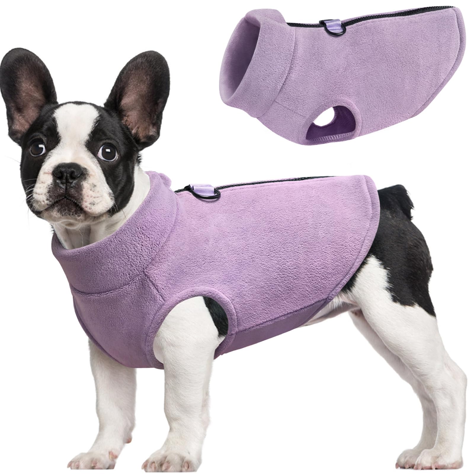 Idepet Dog Fleece Vest Sweater – Purple, XL – Zip-Up Warm Pullover with D-Rings for Small & Medium Dogs