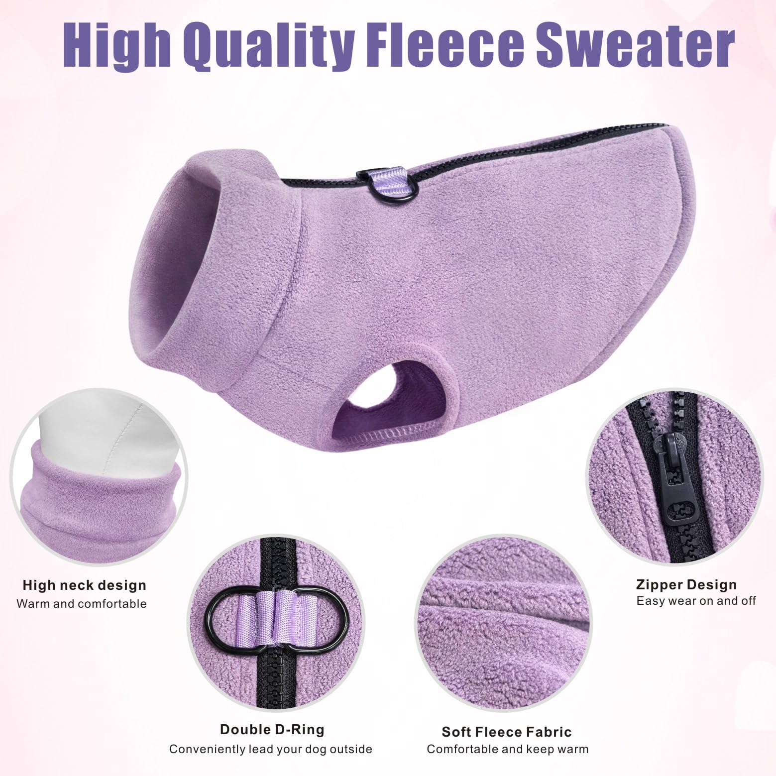 Idepet Dog Fleece Vest Sweater – Purple, XL – Zip-Up Warm Pullover with D-Rings for Small & Medium Dogs
