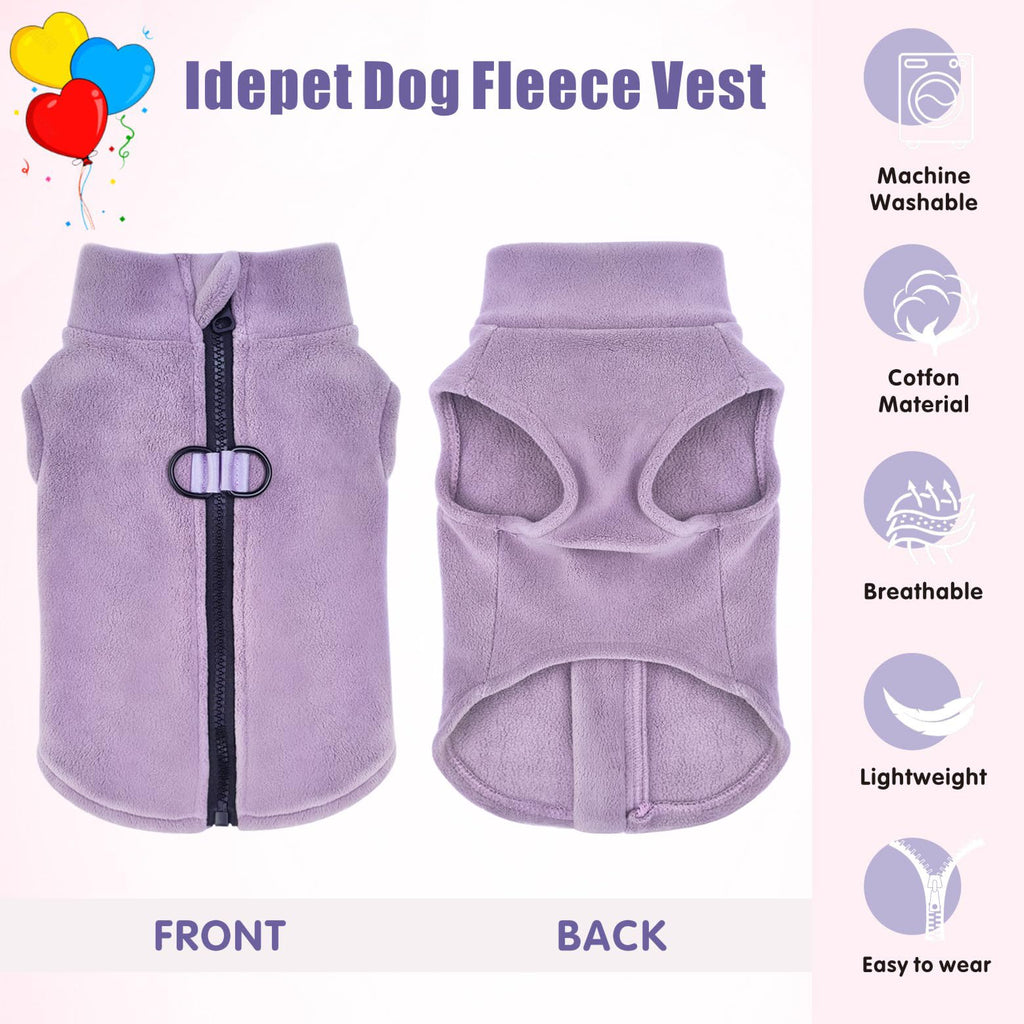 Idepet Dog Fleece Vest Sweater – Purple, XL – Zip-Up Warm Pullover with D-Rings for Small & Medium Dogs