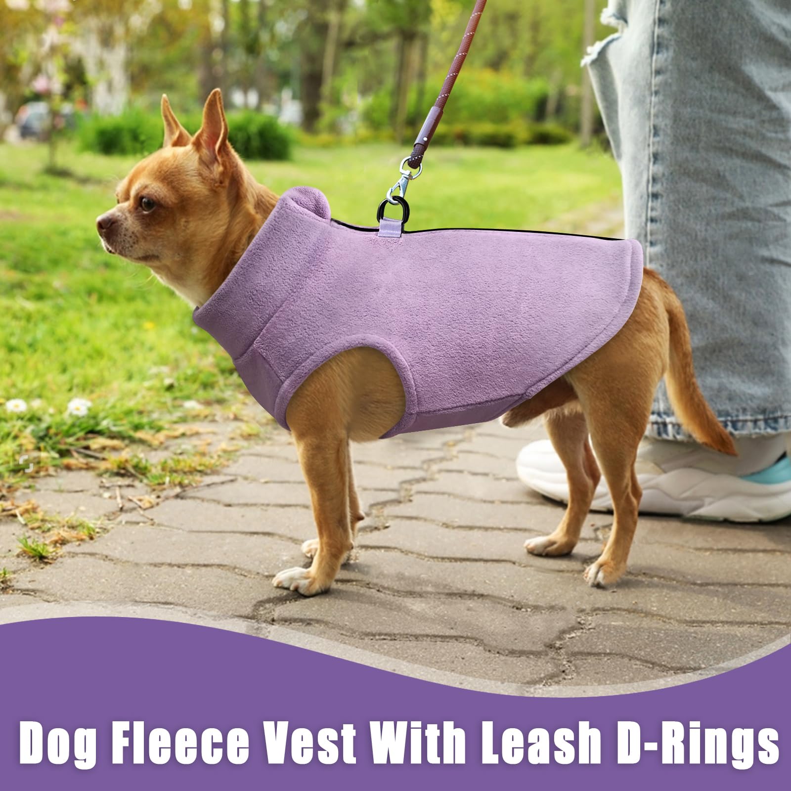 Idepet Dog Fleece Vest Sweater – Purple, XL – Zip-Up Warm Pullover with D-Rings for Small & Medium Dogs