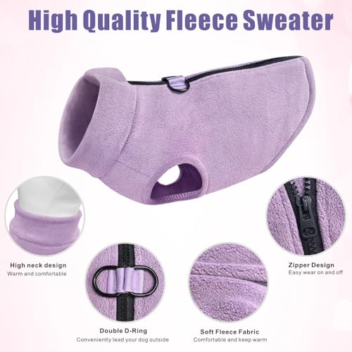 Idepet Dog Fleece Vest Sweater – Purple, XL – Zip-Up Warm Pullover with D-Rings for Small & Medium Dogs