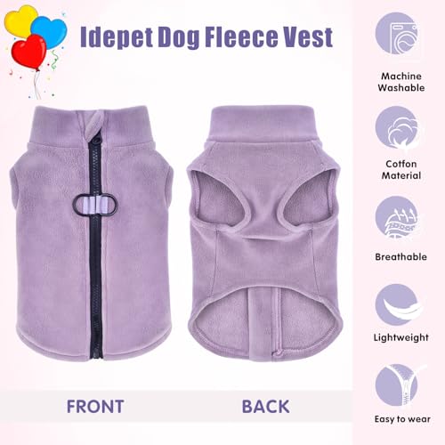 Idepet Dog Fleece Vest Sweater – Purple, XL – Zip-Up Warm Pullover with D-Rings for Small & Medium Dogs