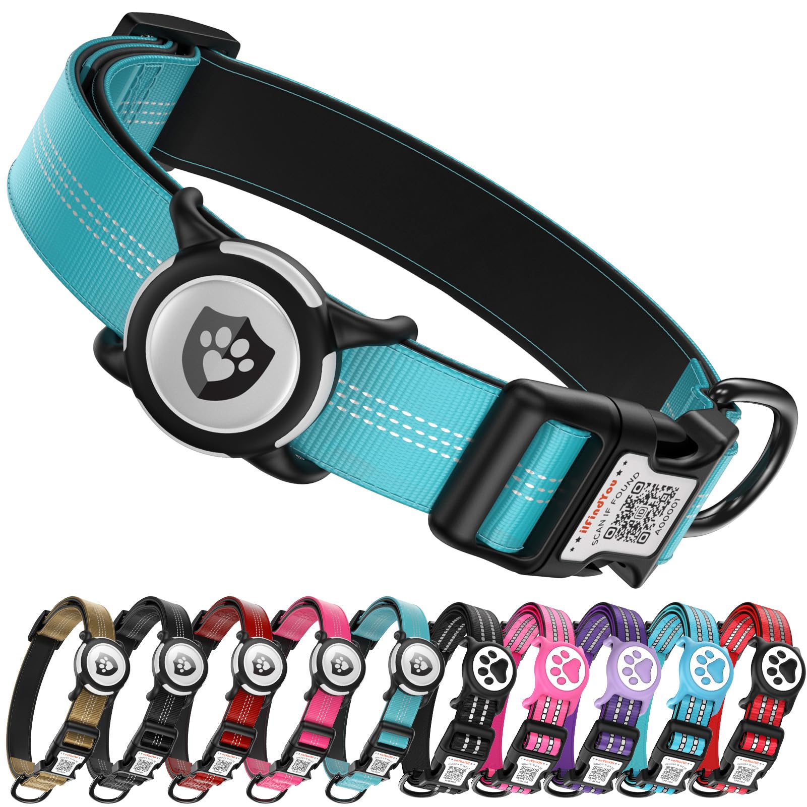 ILFINDYOU Reflective Dog Collar with AirTag Holder – Blue Size S for Medium Dogs