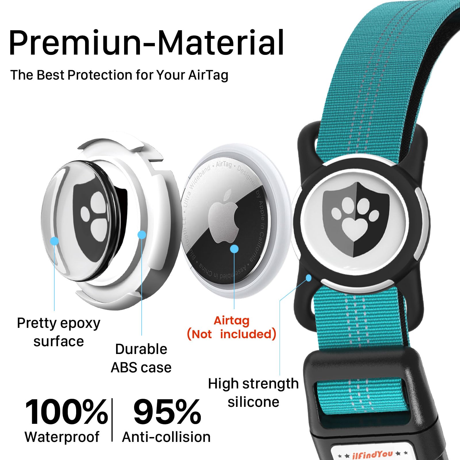 ILFINDYOU Reflective Dog Collar with AirTag Holder – Blue Size S for Medium Dogs