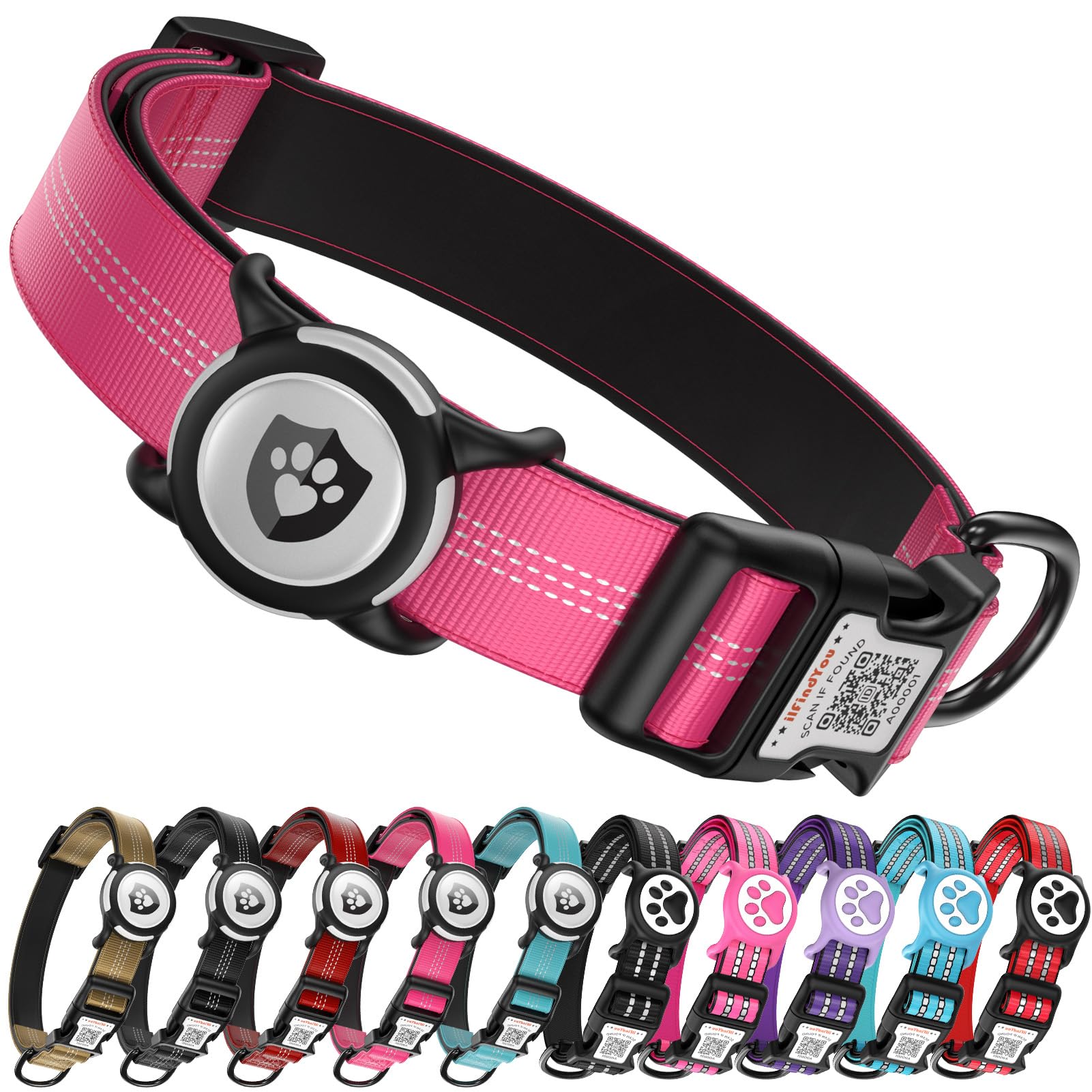 ILFINDYOU Reflective Dog Collar with AirTag Holder for Medium Dogs - Rose Red, Size S (10-15 inch Neck)