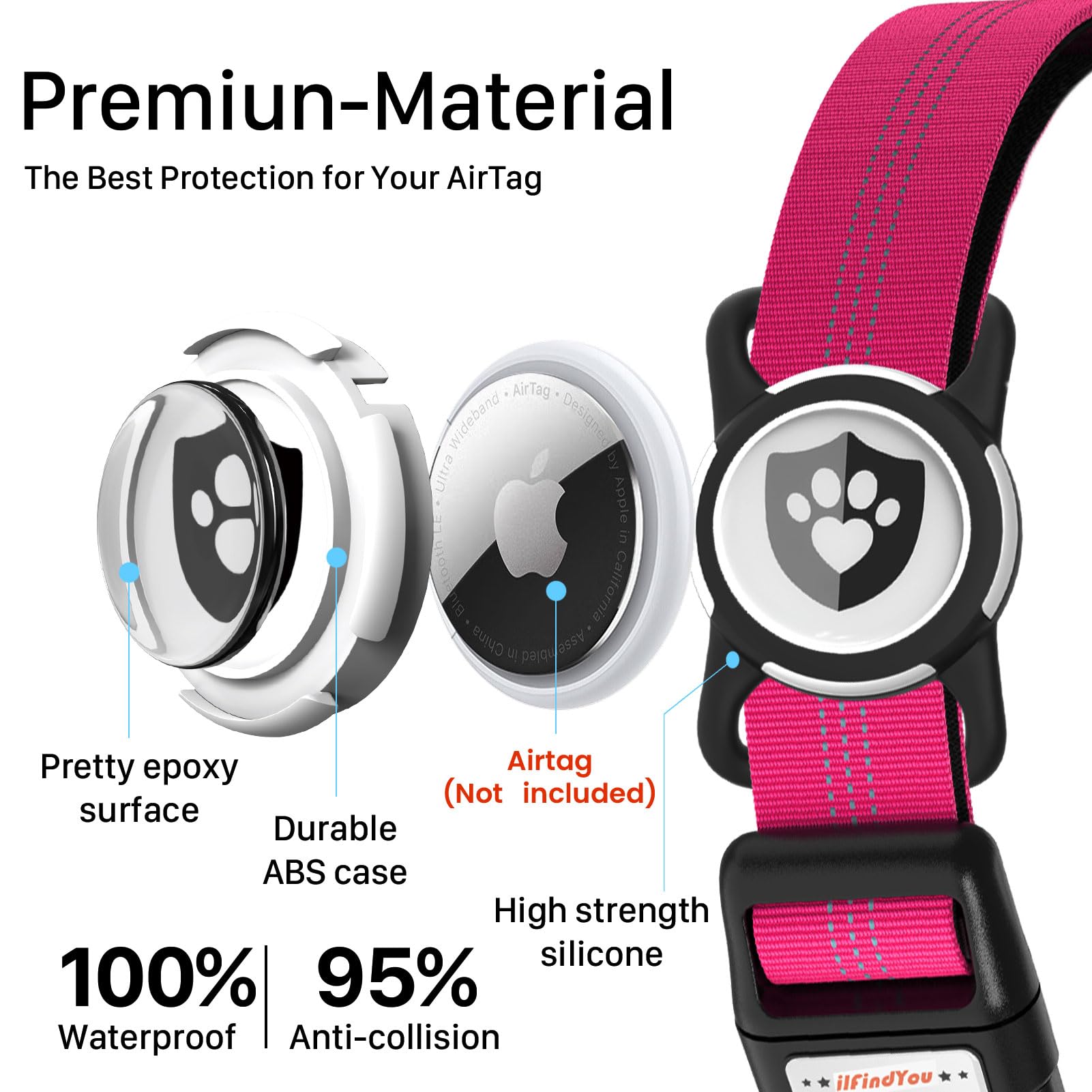 ILFINDYOU Reflective Dog Collar with AirTag Holder for Medium Dogs - Rose Red, Size S (10-15 inch Neck)