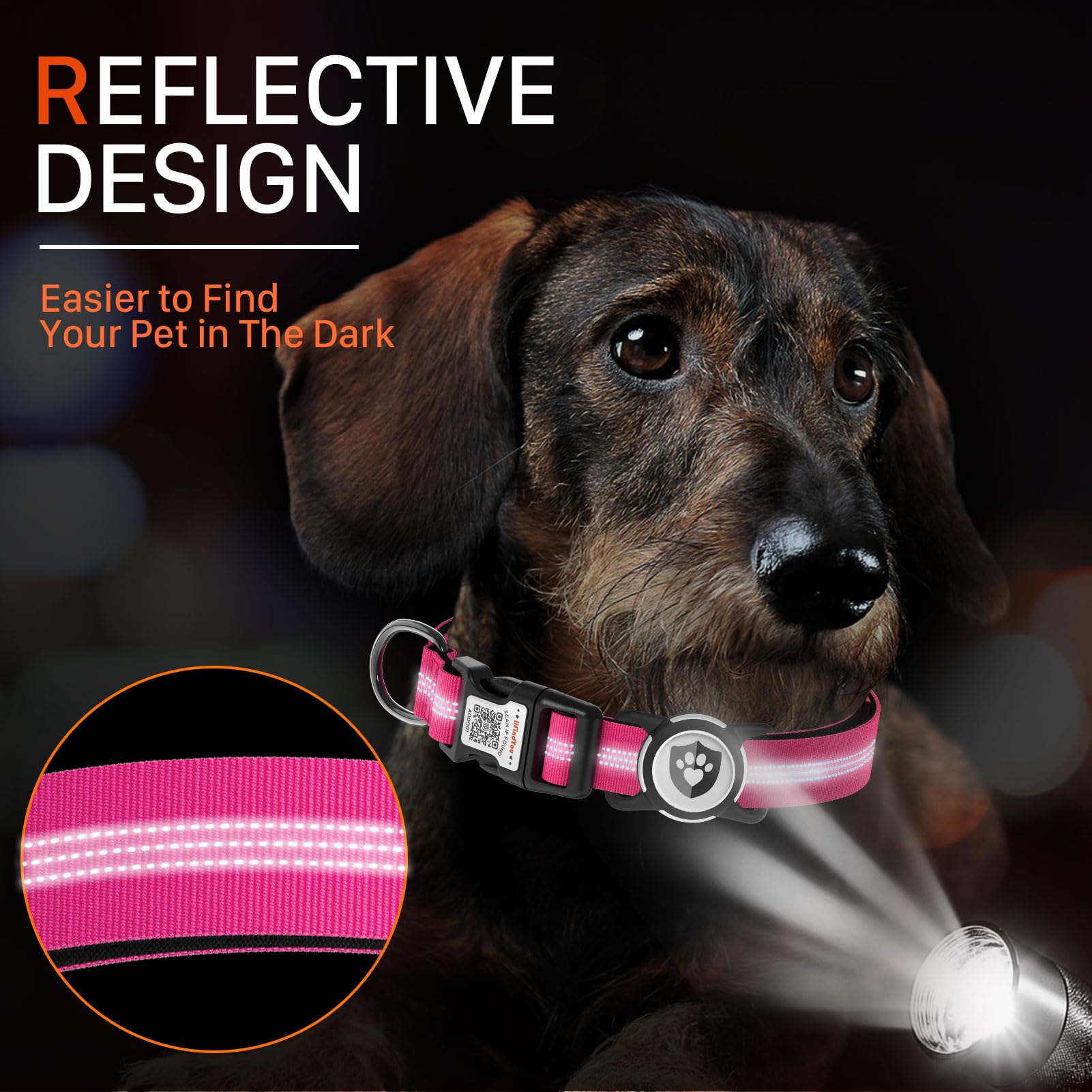 ILFINDYOU Reflective Dog Collar with AirTag Holder for Medium Dogs - Rose Red, Size S (10-15 inch Neck)