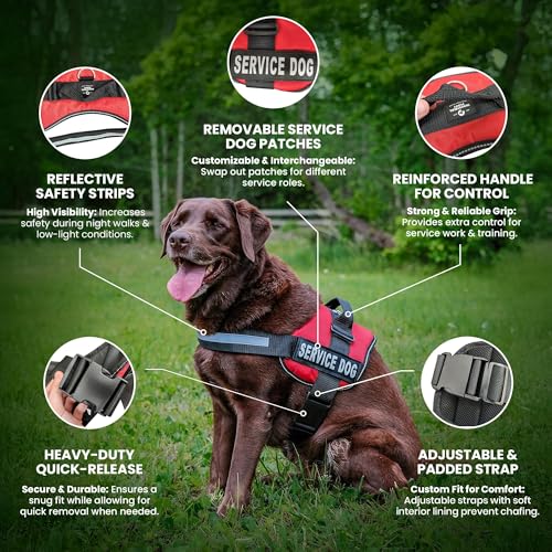 Industrial Puppy Medium Service Dog Vest Harness - Bright Red, Reflective, with Patches & 50 ADA Cards