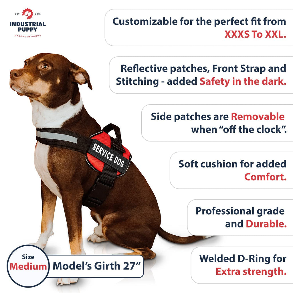 Industrial Puppy Medium Service Dog Vest Harness - Bright Red, Reflective, with Patches & 50 ADA Cards