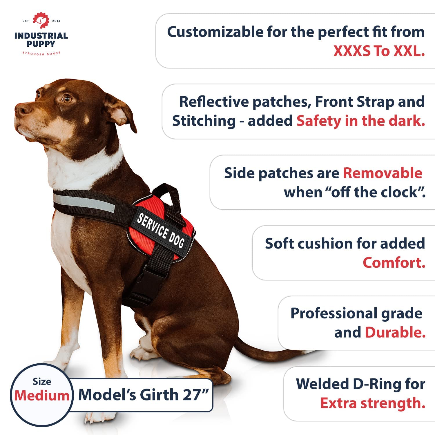 Industrial Puppy Medium Service Dog Vest Harness - Bright Red, Reflective, with Patches & 50 ADA Cards