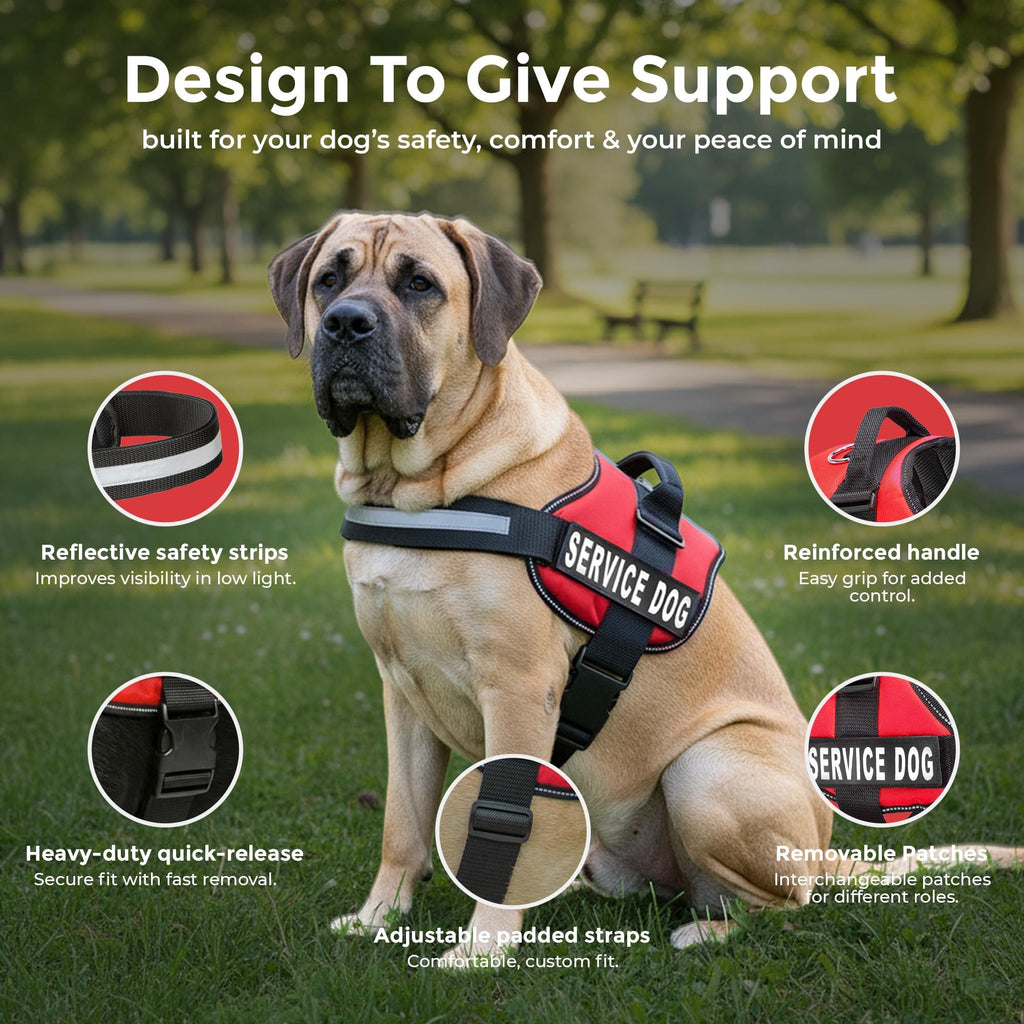 Industrial Puppy Service Dog Vest Harness - Bright Red, XL (Fits 30-39 inch Girth) with Reflective Straps, Removable Patches, Handle & 50 ADA Cards