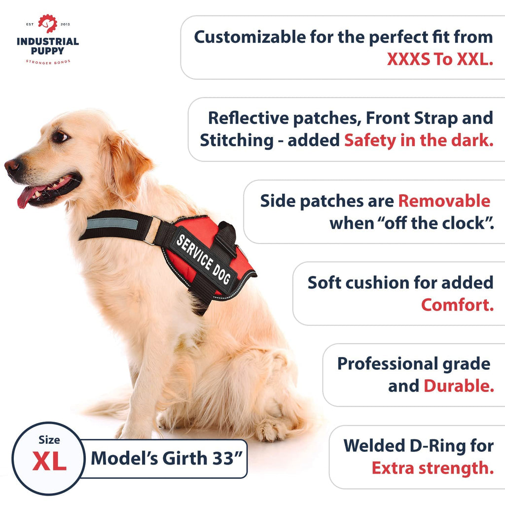 Industrial Puppy Service Dog Vest Harness - Bright Red, XL (Fits 30-39 inch Girth) with Reflective Straps, Removable Patches, Handle & 50 ADA Cards