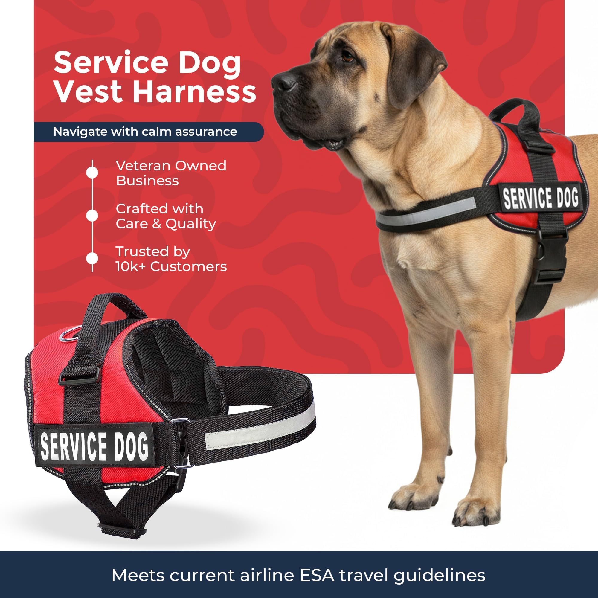 Industrial Puppy Service Dog Vest Harness - Bright Red, XL (Fits 30-39 inch Girth) with Reflective Straps, Removable Patches, Handle & 50 ADA Cards