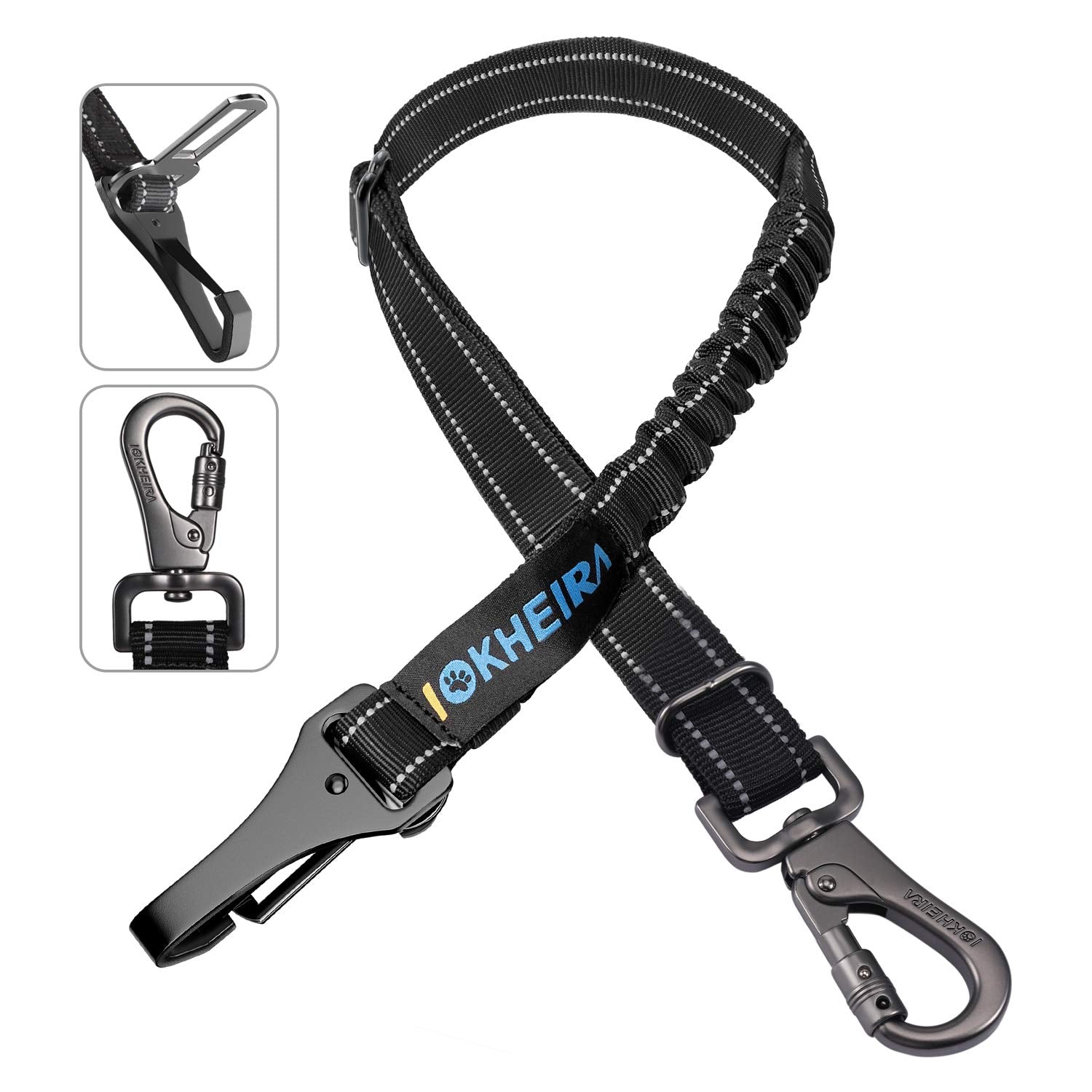 IOKHEIRA 3-in-1 Dog Car Harness Seat Belt - Adjustable Nylon Reflective Bungee with Swivel Zinc Alloy Carabiner (Black)