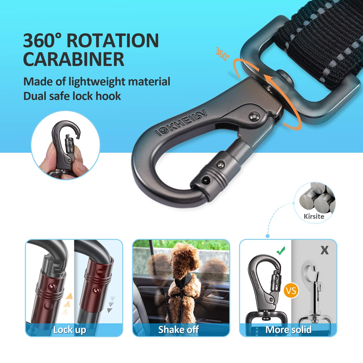 IOKHEIRA 3-in-1 Dog Car Harness Seat Belt - Adjustable Nylon Reflective Bungee with Swivel Zinc Alloy Carabiner (Black)