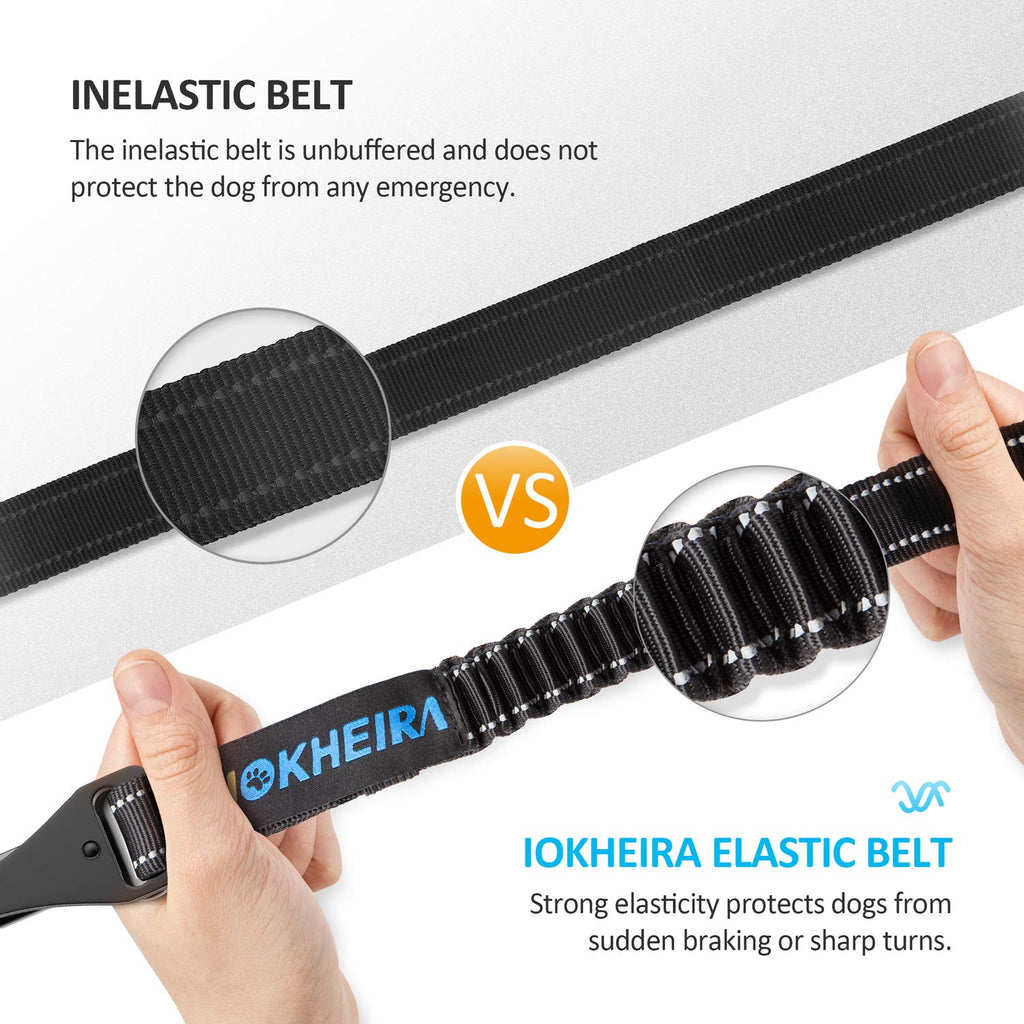 IOKHEIRA 3-in-1 Dog Car Harness Seat Belt - Adjustable Nylon Reflective Bungee with Swivel Zinc Alloy Carabiner (Black)