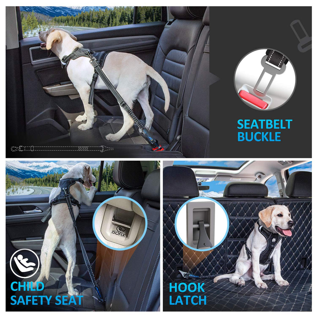 IOKHEIRA 3-in-1 Dog Car Harness Seat Belt - Adjustable Nylon Reflective Bungee with Swivel Zinc Alloy Carabiner (Black)