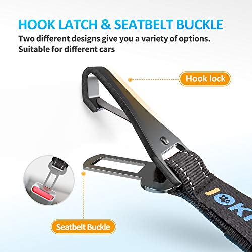 IOKHEIRA 3-in-1 Dog Car Harness Seat Belt - Adjustable Nylon Reflective Bungee with Swivel Zinc Alloy Carabiner (Black)