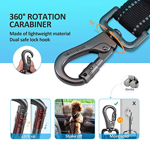 IOKHEIRA 3-in-1 Dog Car Harness Seat Belt - Adjustable Nylon Reflective Bungee with Swivel Zinc Alloy Carabiner (Black)