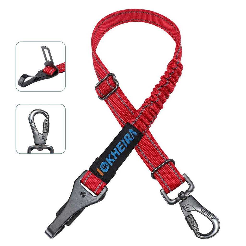 IOKHEIRA 3-in-1 Dog Seat Belt: Adjustable Reflective Nylon Car Harness with Zinc Alloy Carabiner, Red