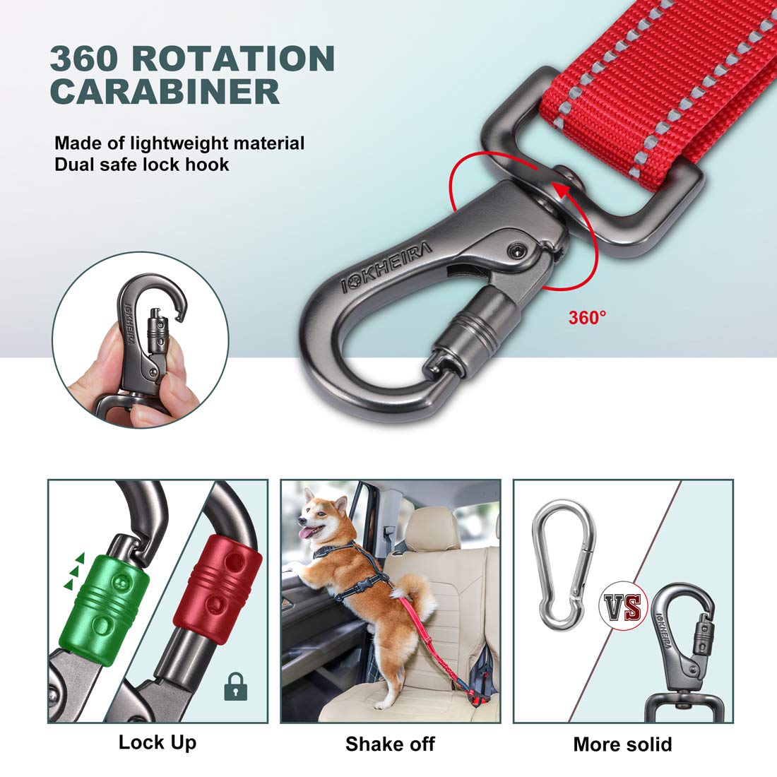 IOKHEIRA 3-in-1 Dog Seat Belt: Adjustable Reflective Nylon Car Harness with Zinc Alloy Carabiner, Red
