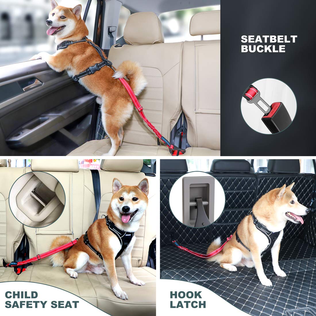 IOKHEIRA 3-in-1 Dog Seat Belt: Adjustable Reflective Nylon Car Harness with Zinc Alloy Carabiner, Red