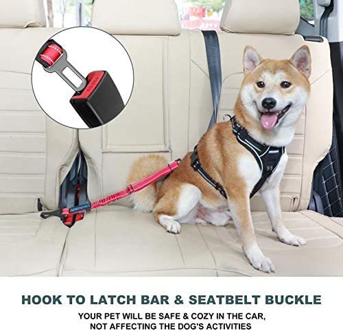 IOKHEIRA 3-in-1 Dog Seat Belt: Adjustable Reflective Nylon Car Harness with Zinc Alloy Carabiner, Red