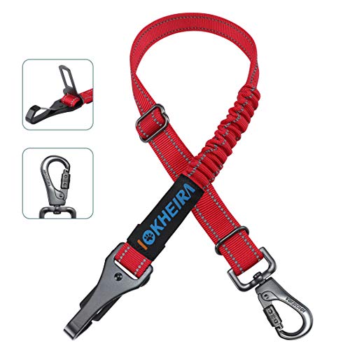 IOKHEIRA 3-in-1 Dog Seat Belt: Adjustable Reflective Nylon Car Harness with Zinc Alloy Carabiner, Red