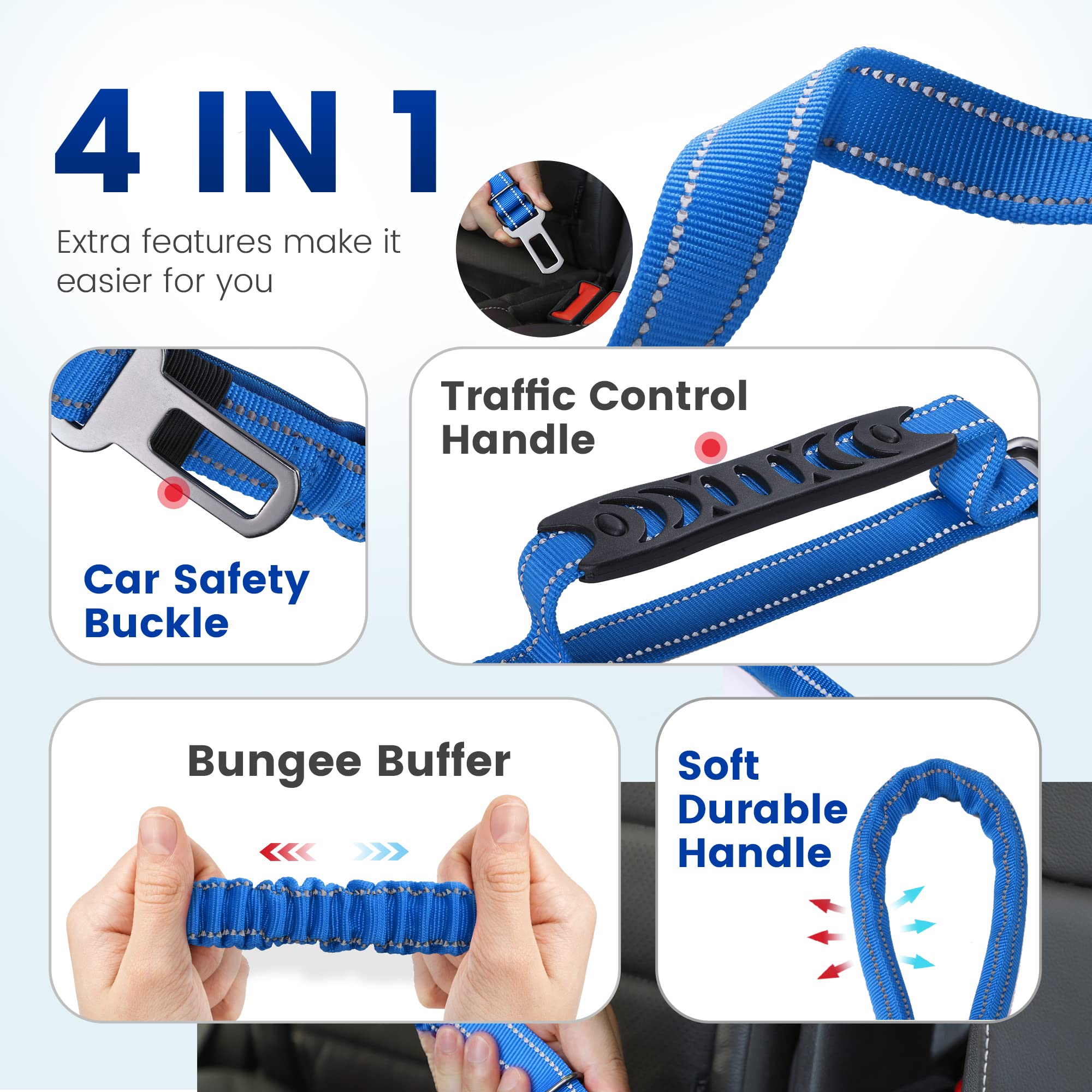 IOKHEIRA 6ft/4ft Heavy Duty Dog Leash for Large Dogs – Blue, Reflective, Padded Handle, Bungee