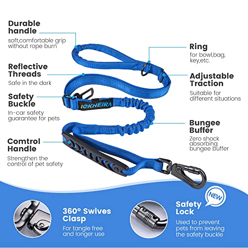 IOKHEIRA 6ft/4ft Heavy Duty Dog Leash for Large Dogs – Blue, Reflective, Padded Handle, Bungee