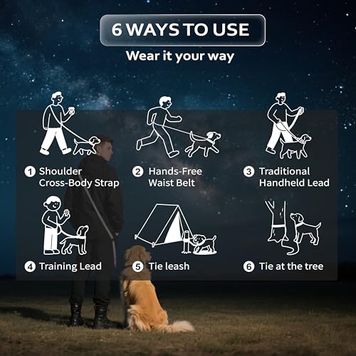 JC HOUSE Hands Free Dog Leash: Galaxy Reflective, Adjustable 6–9.5 ft, Heavy Duty for Medium & Large Dogs up to 110 lbs – Black