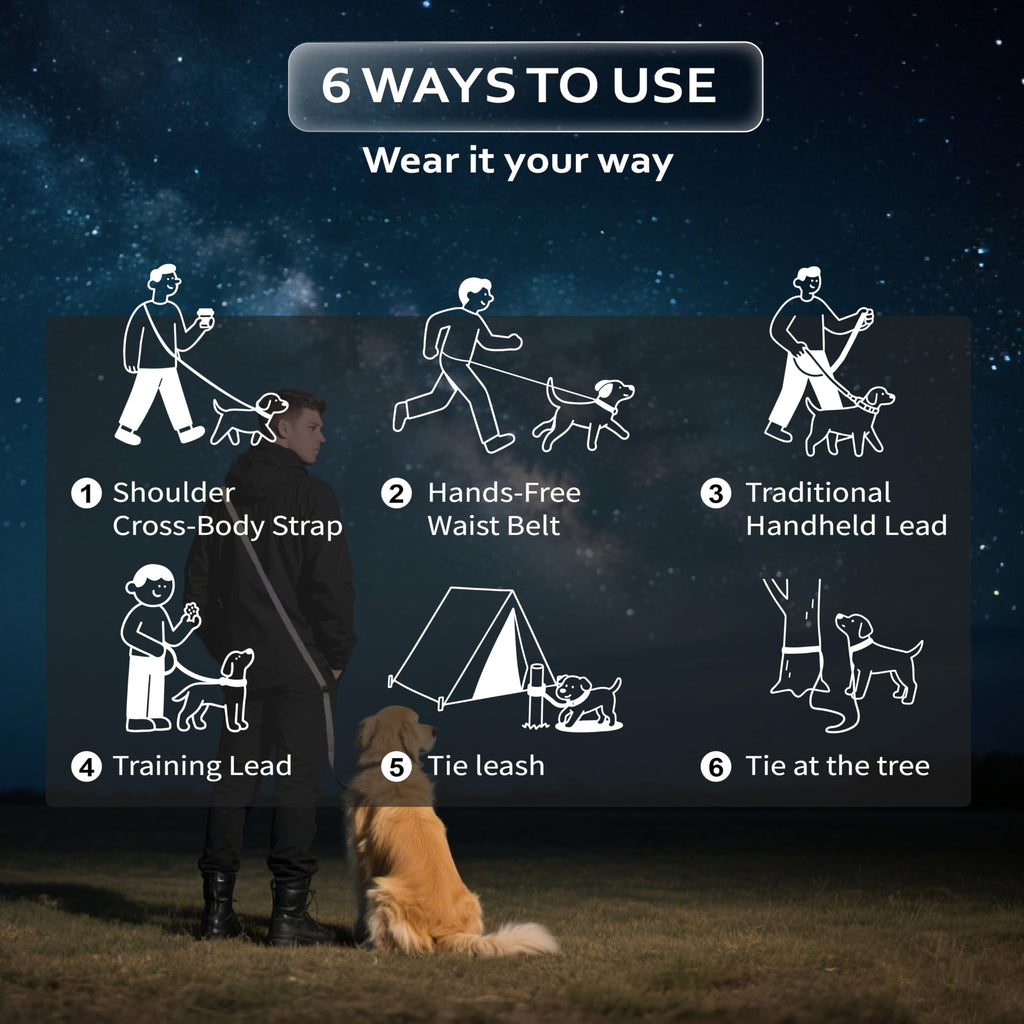 JC HOUSE Hands Free Dog Leash: Galaxy Reflective, Adjustable 6–9.5 ft, Heavy Duty for Medium & Large Dogs up to 110 lbs – Black