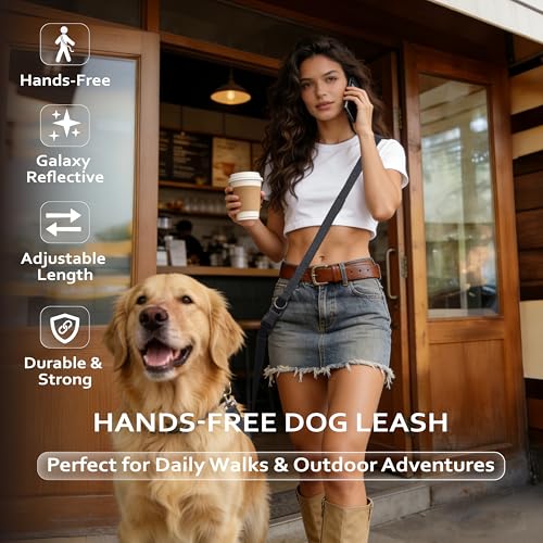 JC HOUSE Hands Free Dog Leash: Galaxy Reflective, Adjustable 6–9.5 ft, Heavy Duty for Medium & Large Dogs up to 110 lbs – Black