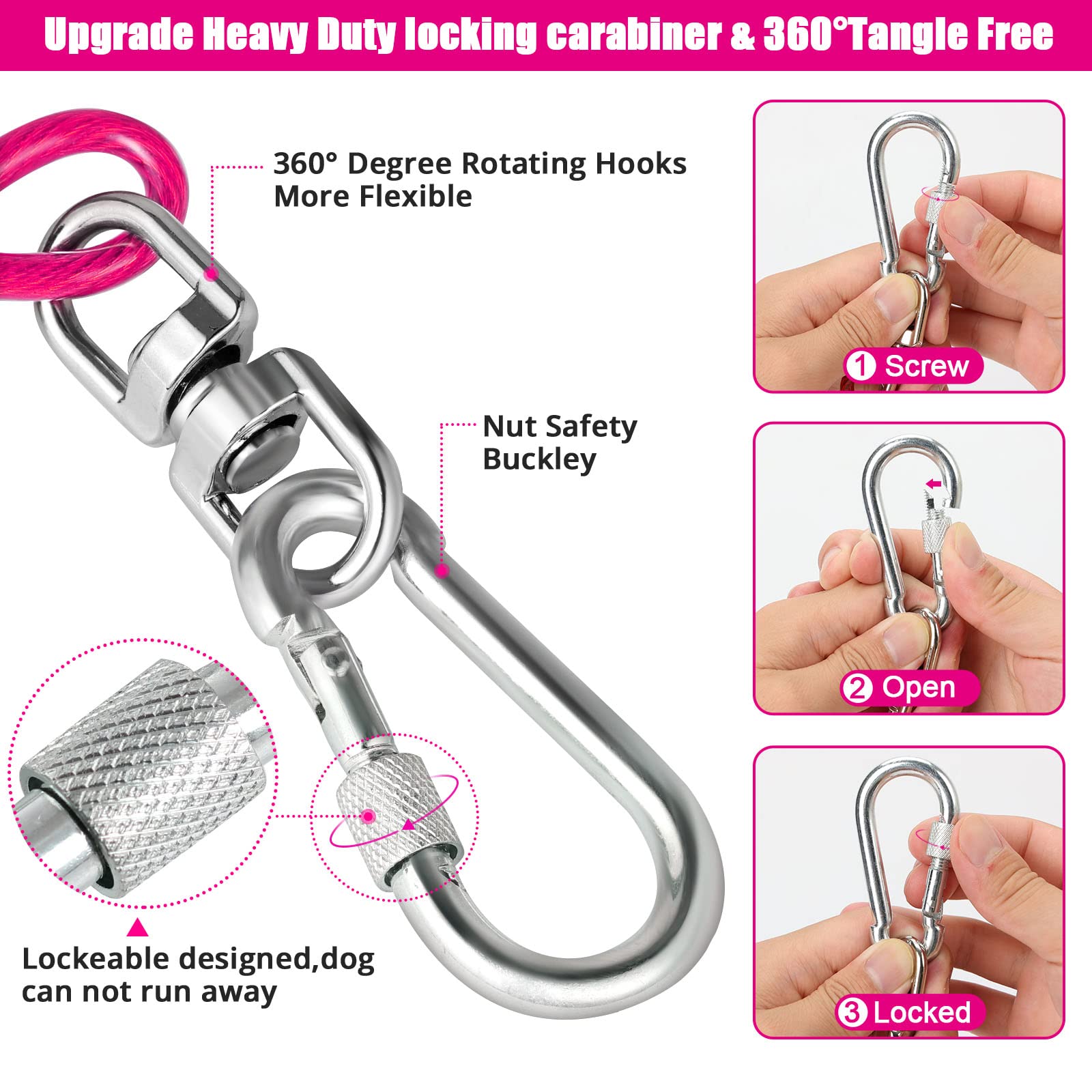 jenico 25ft Dog Tie Out Cable - Heavy Duty with Locking Carabiner & 360° Swivel - Outdoor Tether for Dogs Up to 500 lbs