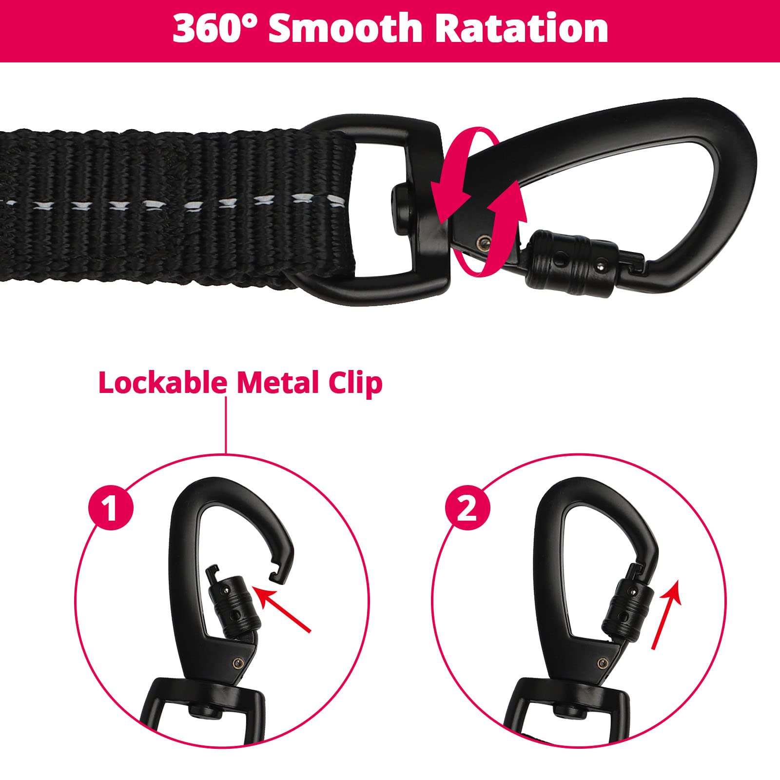 jenico 30ft Heavy Duty Dog Leash with Bungee & Swivel Hook - Reflective, Pink
