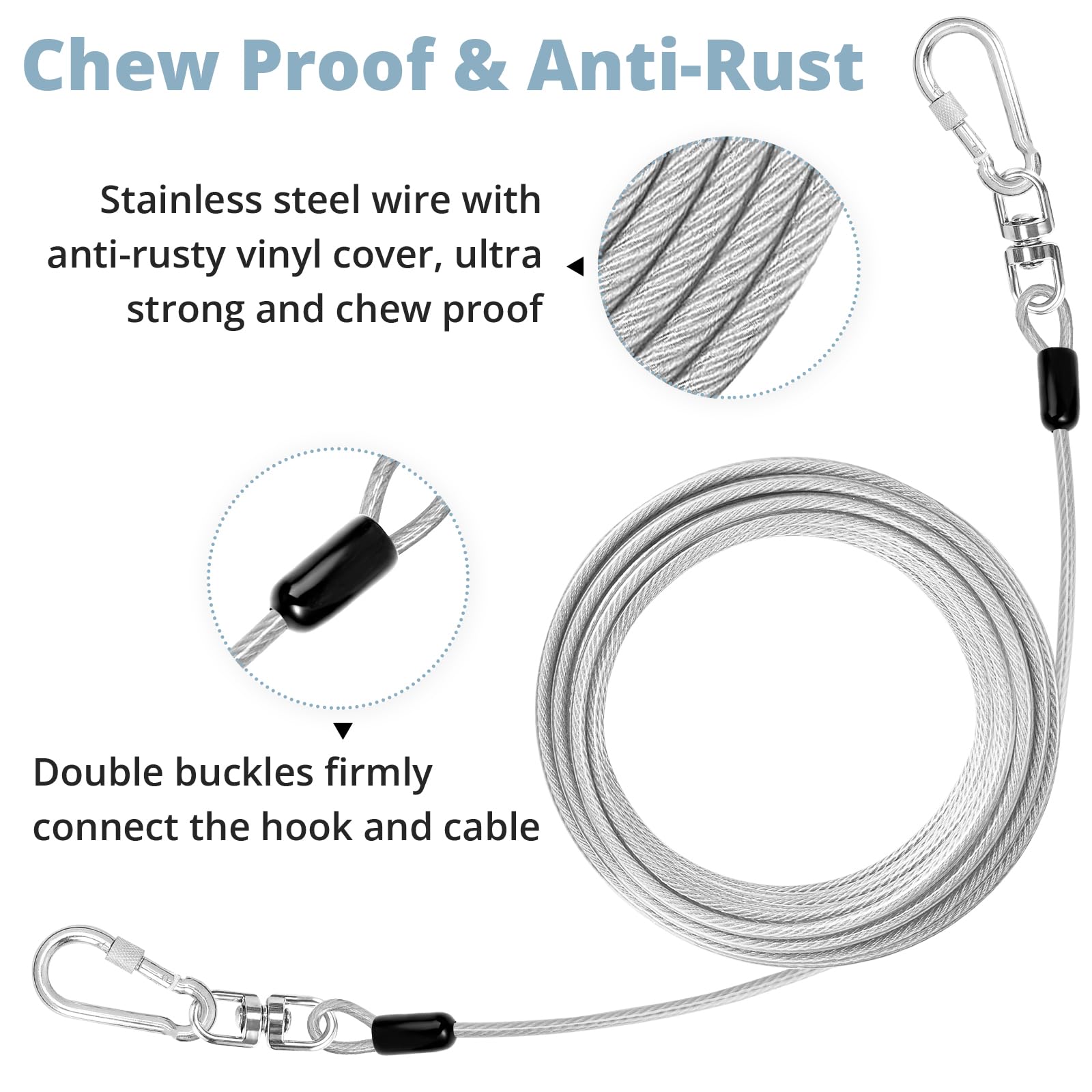 jenico 50 ft Dog Tie Out Cable - Heavy Duty Outdoor Dog Runner with 360° Swivel and Reflective Coating (Fits Dogs Up to 500 lbs)